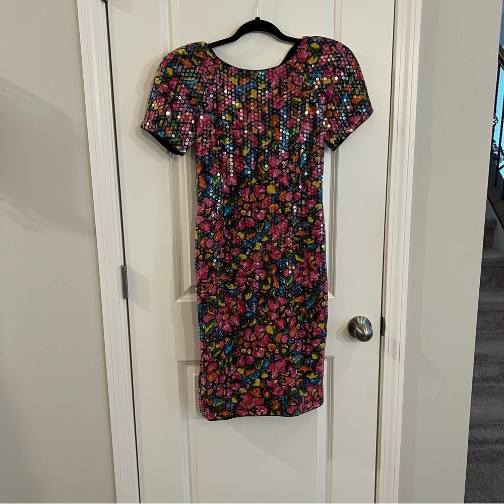 Vintage Rimini Silk Dress Sz 4 Floral Rainbow Colors Sequins